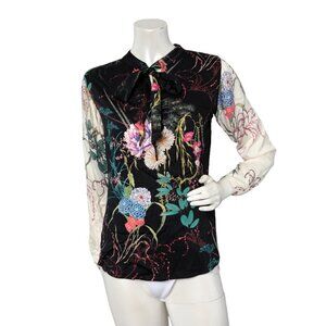 Hale Bob Floral Keyhole Blouse Long Sleeve Top Tie Neck Flowers Black White XS